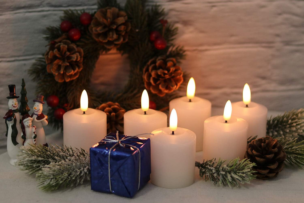 Flameless Votive Candles with 6 Hour Timer Battery Operated White Small LED Flickering Candles Halloween Christmas Dinner Decor(6 Pack, 2 X 3.2 Inches)